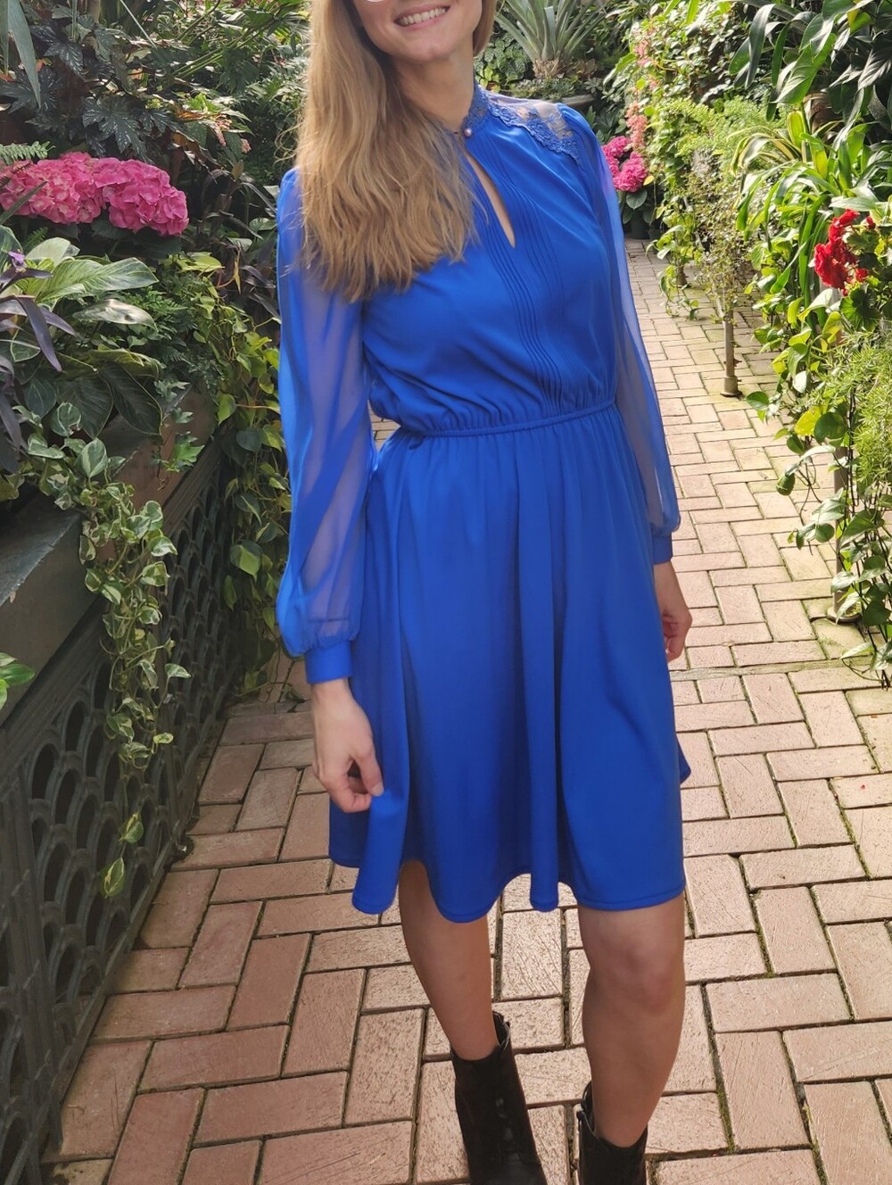 Vintage Cobalt Blue Midi Dress with Lace Yoke
